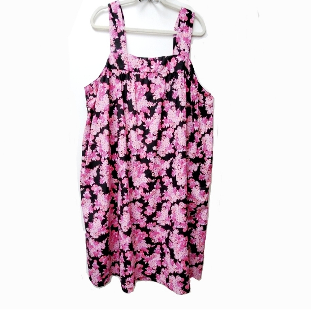 Dreams & Co Pink Black Floral Cotton Blend Sundress Side Pockets Size 2XL